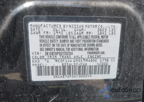 2016 Nissan Sentra Sv from USA, damaged, VIN 3N1AB7AP5GY302244